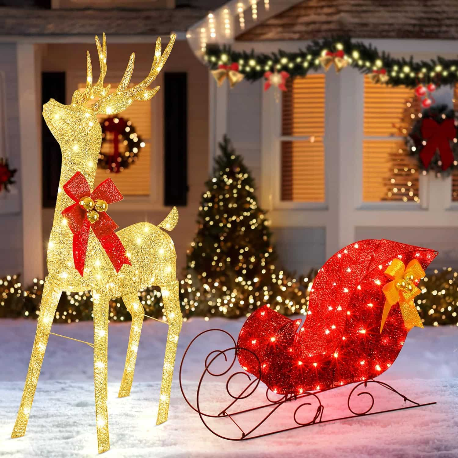 Lighted Christmas Reindeer & Sleigh Outdoor Decor Set  LED Lights