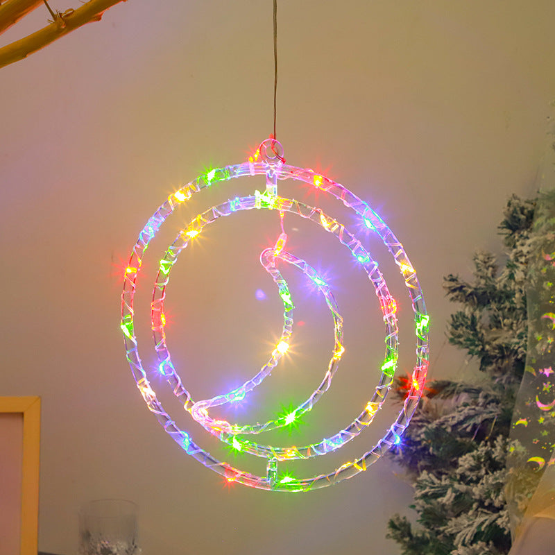 Quntis Christmas Double Ring Solar LED String Lights – Christmas Tree Shape Atmosphere Lights with Star Design, Outer Diameter: 12.60 inches, Inner Ring Diameter: 10.24 inches