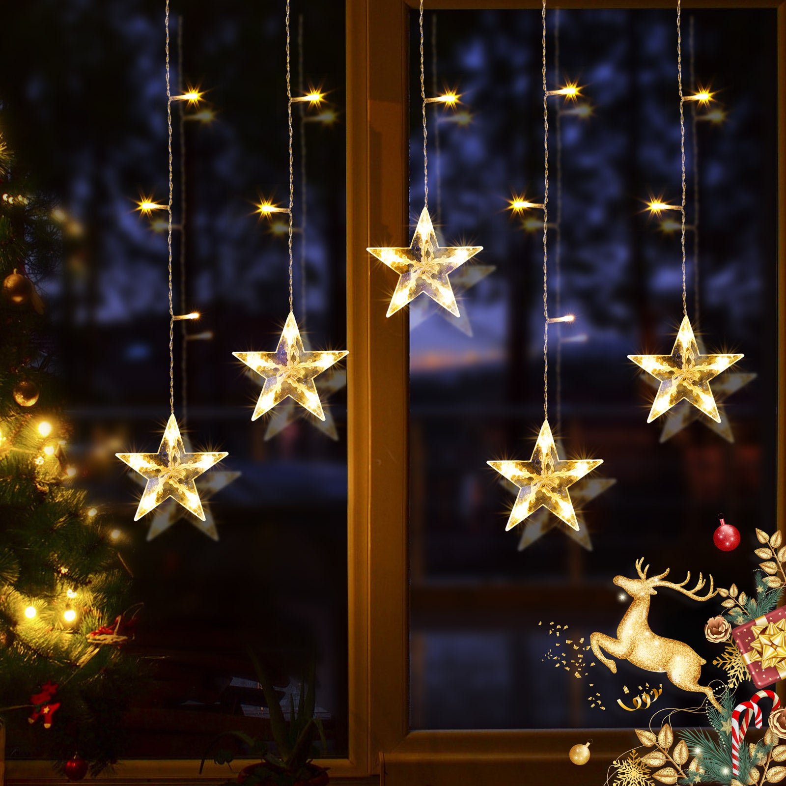 Quntis Luzes de Cortina Estelares – 5 Estrelas Brilhantes, 36 LEDs, Funciona a Bateria com Temporizador & 8 Modos, Luzes de Fada para Quarto, Janela & Decoração de Festa