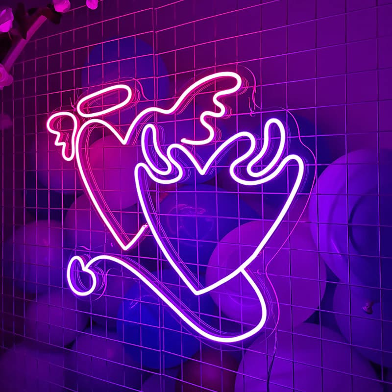 Angel & Devil Hearts Neon Sign – Vibrant Pink Glow for Romantic and Playful Decor