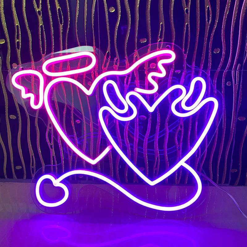 Angel & Devil Hearts Neon Sign – Vibrant Pink Glow for Romantic and Playful Decor