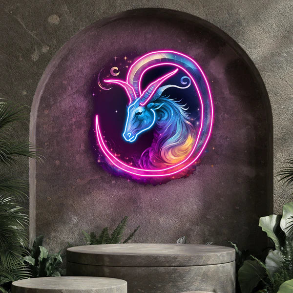 Capricorn Zodiac Neon Sign Symbolic Design in Striking Colors for Astrology Enthusiasts Home Offices Studios