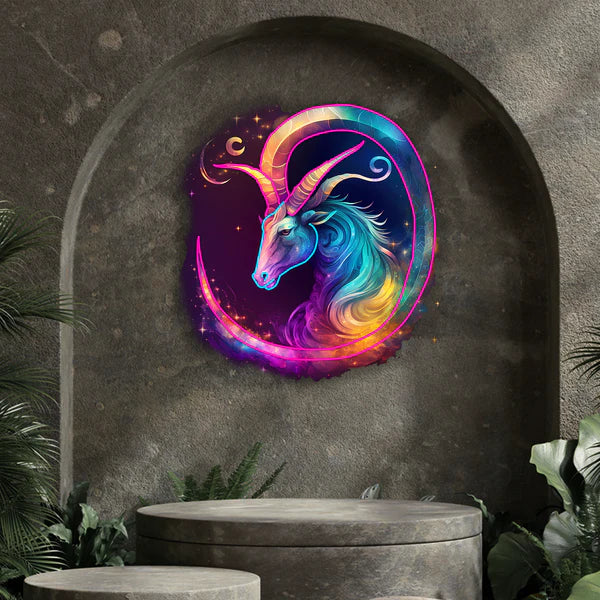 Capricorn Zodiac Neon Sign Symbolic Design in Striking Colors for Astrology Enthusiasts Home Offices Studios