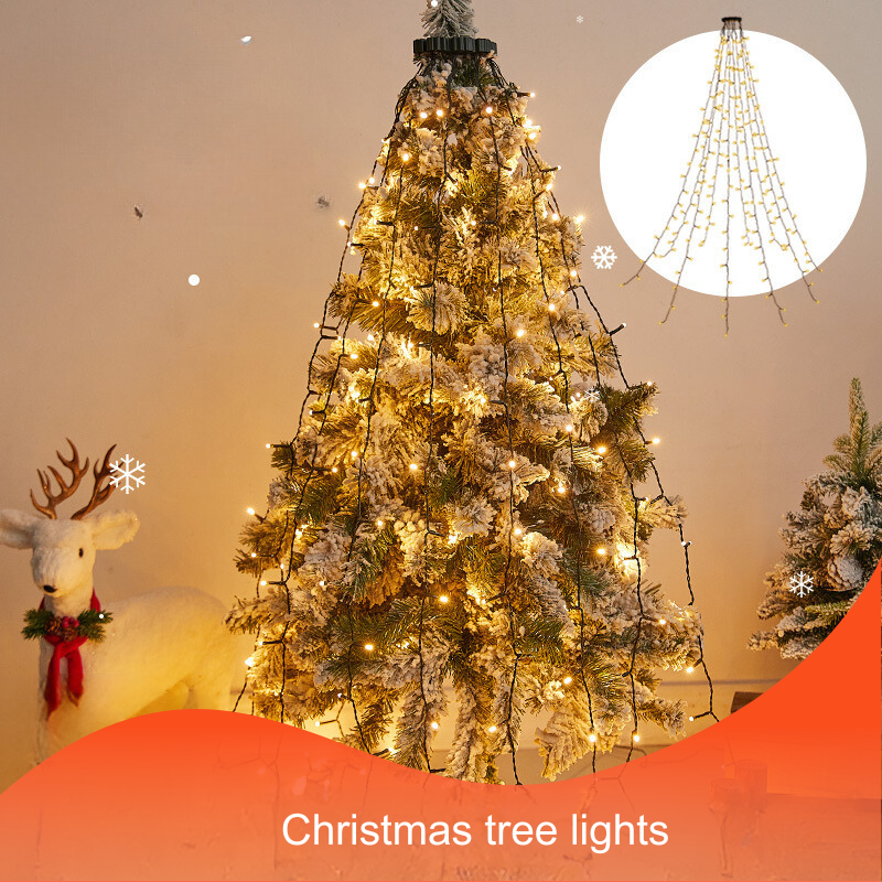 Quntis LED Ring Xmas Tree Topper Lights – Low Voltage Waterfall USB String Lights with Remote for Flowing Effect Holiday Tree Decoration