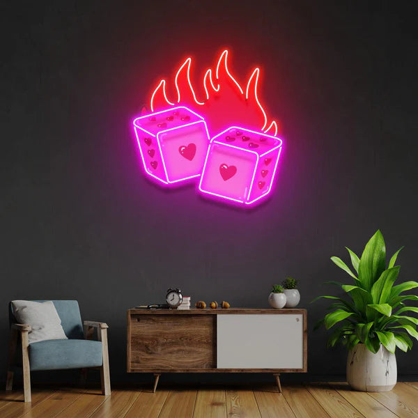 Flaming Dice Neon Sign: Playful Design, Dynamic Illumination, and Durable Quality for a Lively Space