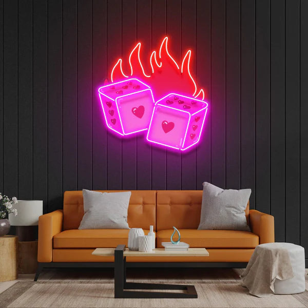 Flaming Dice Neon Sign: Playful Design, Dynamic Illumination, and Durable Quality for a Lively Space