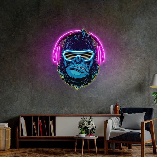 Gorilla with Neon Sign Sunglasses and Headphones Wall Art Striking Design Dynamic Lighting Durable Construction for Living Rooms Game Rooms Bedrooms