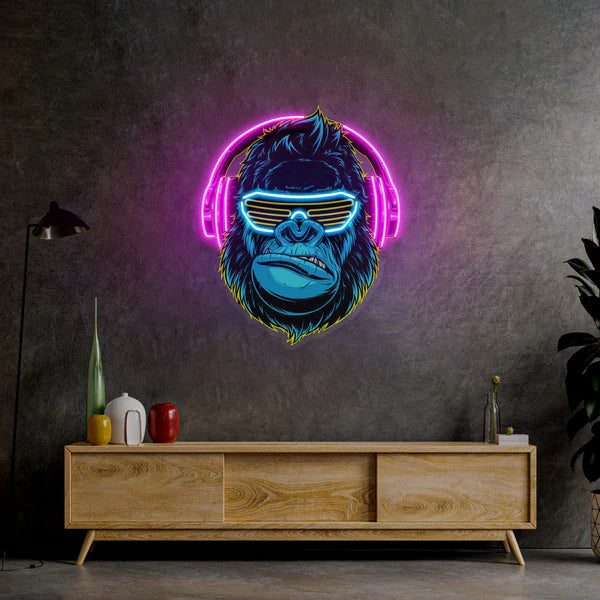 Gorilla with Neon Sign Sunglasses and Headphones Wall Art Striking Design Dynamic Lighting Durable Construction for Living Rooms Game Rooms Bedrooms