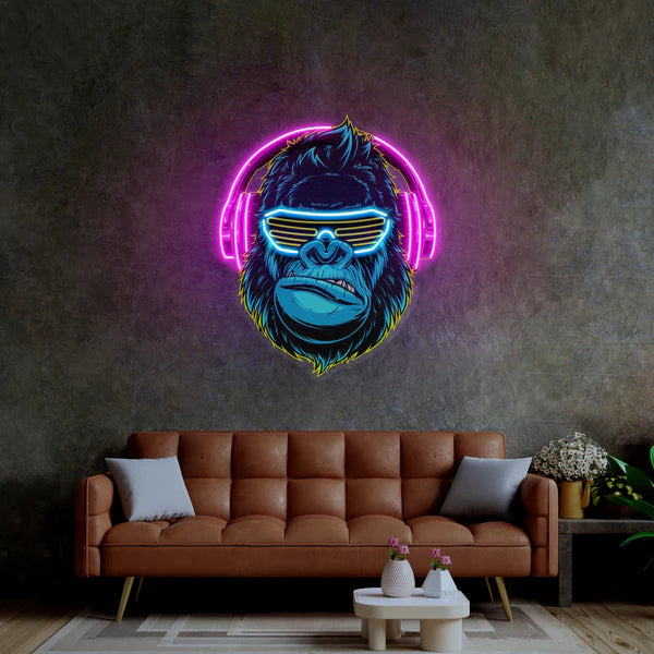 Gorilla with Neon Sign Sunglasses and Headphones Wall Art Striking Design Dynamic Lighting Durable Construction for Living Rooms Game Rooms Bedrooms