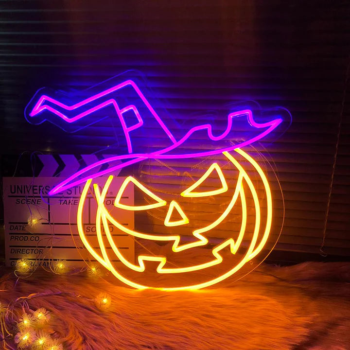 Evil Pumpkin with Hat Neon Sign – Spooky Halloween Decor with Bold Purple and Orange Glow