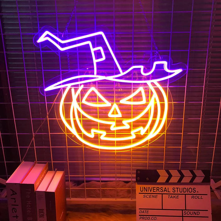 Evil Pumpkin with Hat Neon Sign – Spooky Halloween Decor with Bold Purple and Orange Glow