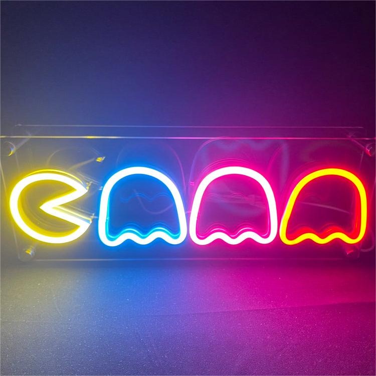 Nostalgic Pac-Man Neon Sign Classic Arcade Scene with Colorful Ghosts for Gaming Room and Entertainment Decor