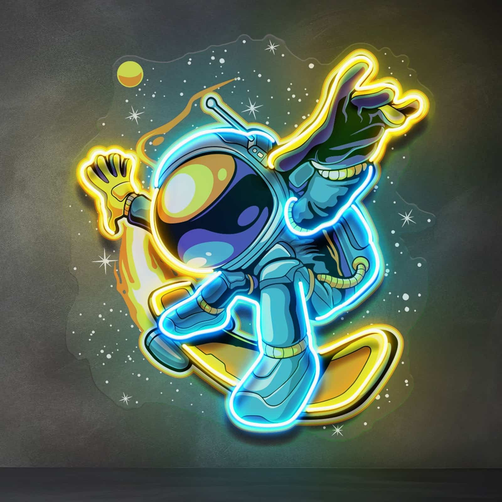 Cartoon Astronaut Neon Sign ¨C Vibrant Yellow, Blue & Green LED Art for Kids' Rooms, Play Areas, and Themed Decor