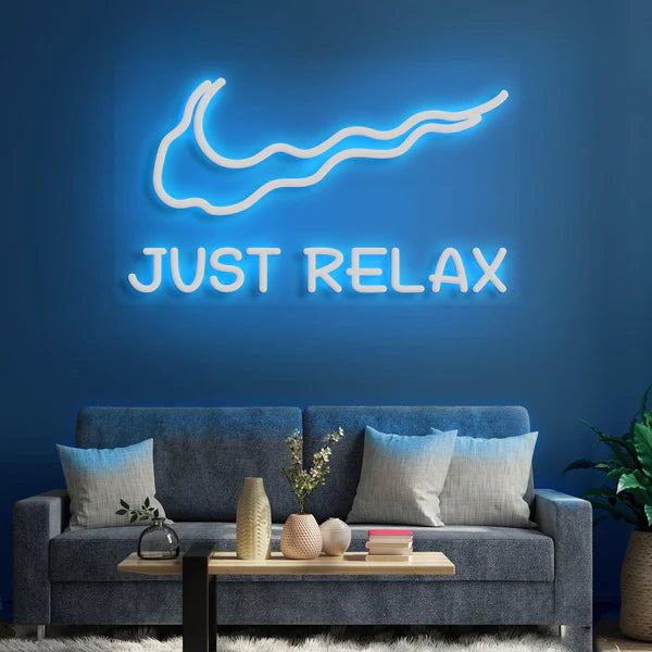 Serene 'Just Relax' Neon Sign,Calming Blue Illumination, Elegant Design, and Durable Quality for Tranquil Spaces