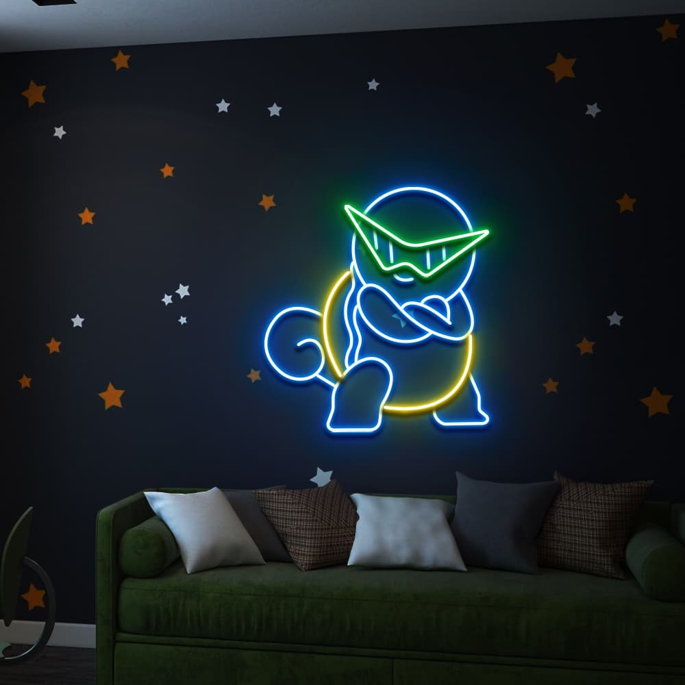 Whimsical Squirtle Neon Sign – Bright Blue & Yellow Pokémon Wall Light for Gaming Rooms and Kids' Spaces