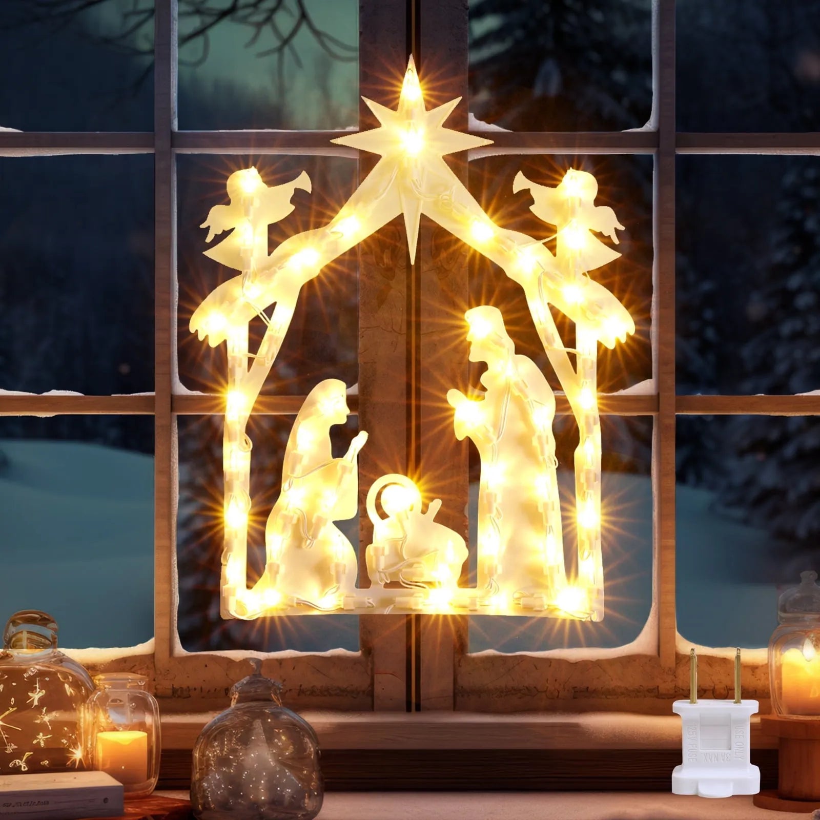 Quntis Lumières de fenêtre de Noël Angel Nativity, décorations lumineuses de silhouette de fenêtre de Noël de 17 pouces avec 50 mini ampoules et 2 crochets, illuminez pour les vacances mur intérieur porte verre