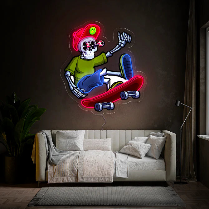 Skateboarding Skeleton Neon Sign – Edgy Urban Design with Vibrant Colors for Bold Spaces