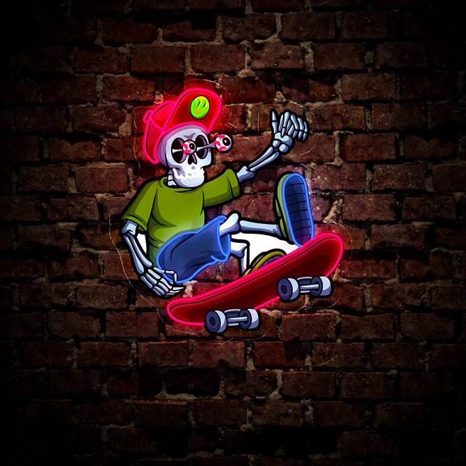 Skateboarding Skeleton Neon Sign – Edgy Urban Design with Vibrant Colors for Bold Spaces