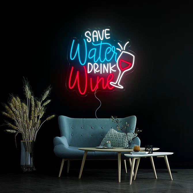 Save Water, Drink Wine Neon Sign, Perfect for Kitchens, Home Bars, and Wine Cellars