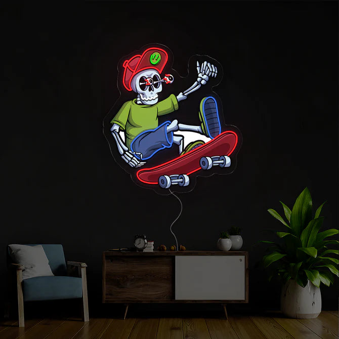 Skateboarding Skeleton Neon Sign – Edgy Urban Design with Vibrant Colors for Bold Spaces