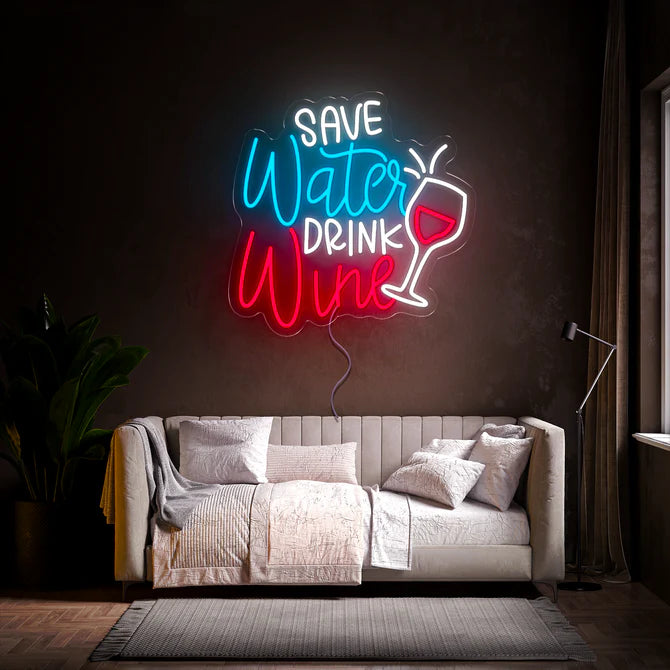 Save Water, Drink Wine Neon Sign, Perfect for Kitchens, Home Bars, and Wine Cellars