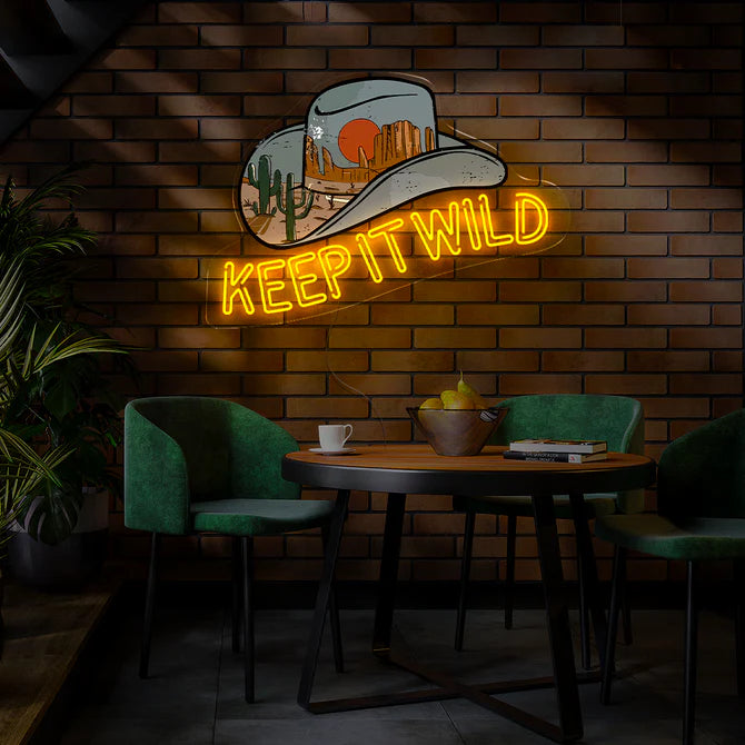 Cowboy Hat & Desert Landscape with 'KEEP IT WILD' – Perfect for Bars, Patios, and Man Caves