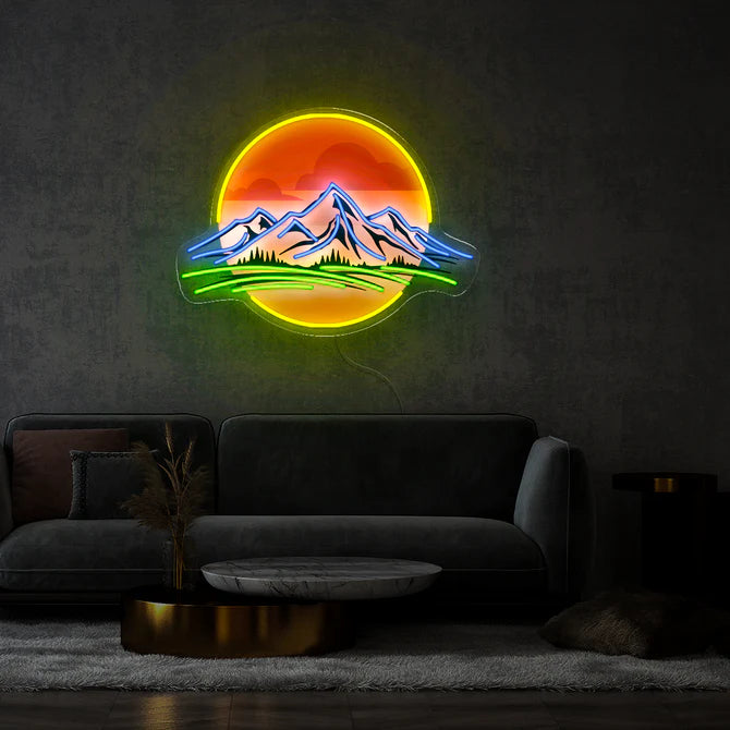 Scenic Mountain Sunset Neon Sign Glowing Outdoor Landscape