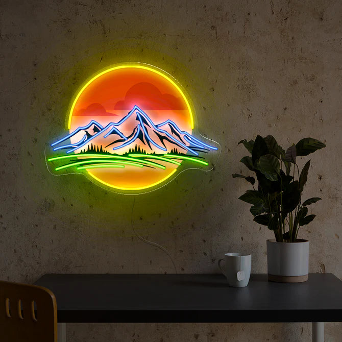 Scenic Mountain Sunset Neon Sign Glowing Outdoor Landscape