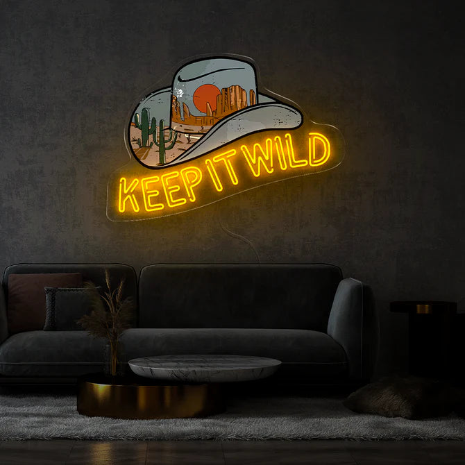 Cowboy Hat & Desert Landscape with 'KEEP IT WILD' – Perfect for Bars, Patios, and Man Caves