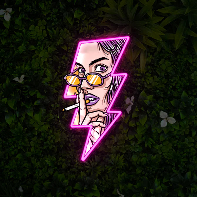 Bold and Edgy Woman in Sunglasses Neon Sign Vibrant Pink Lightning Bolt Perfect for Bars Clubs Art Studios and Dynamic Spaces