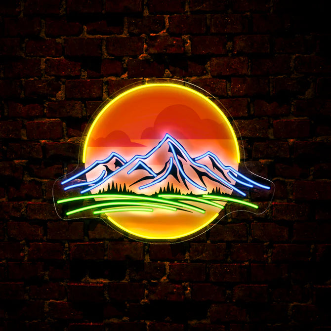 Scenic Mountain Sunset Neon Sign Glowing Outdoor Landscape