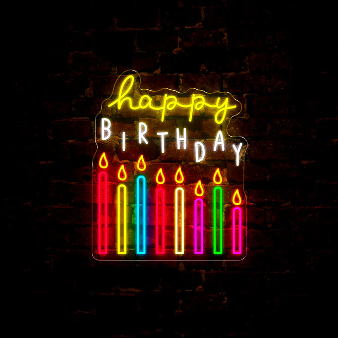 Happy Birthday Neon Sign – Radiant Multi-Colored Candles with Flickering Flames for Festive Celebrations