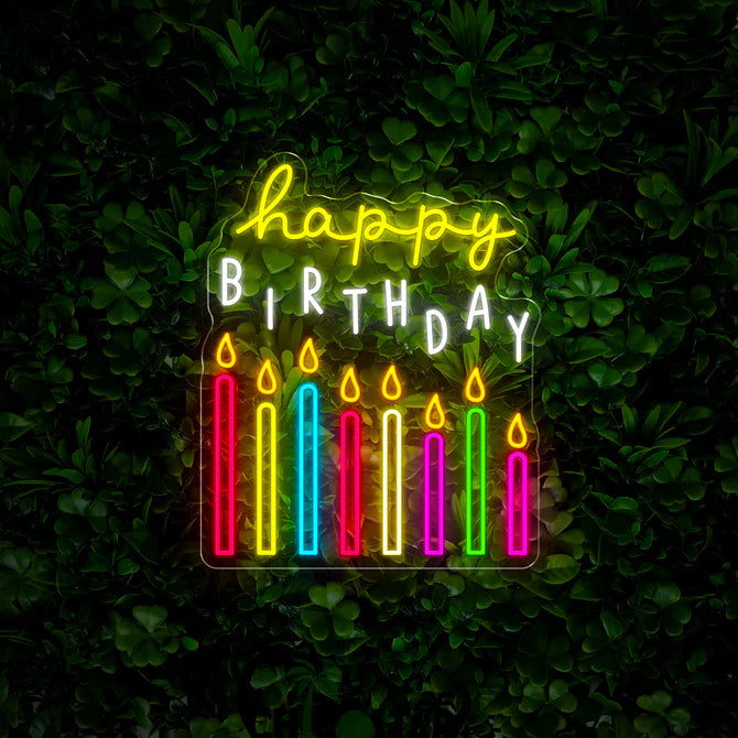 Happy Birthday Neon Sign – Radiant Multi-Colored Candles with Flickering Flames for Festive Celebrations