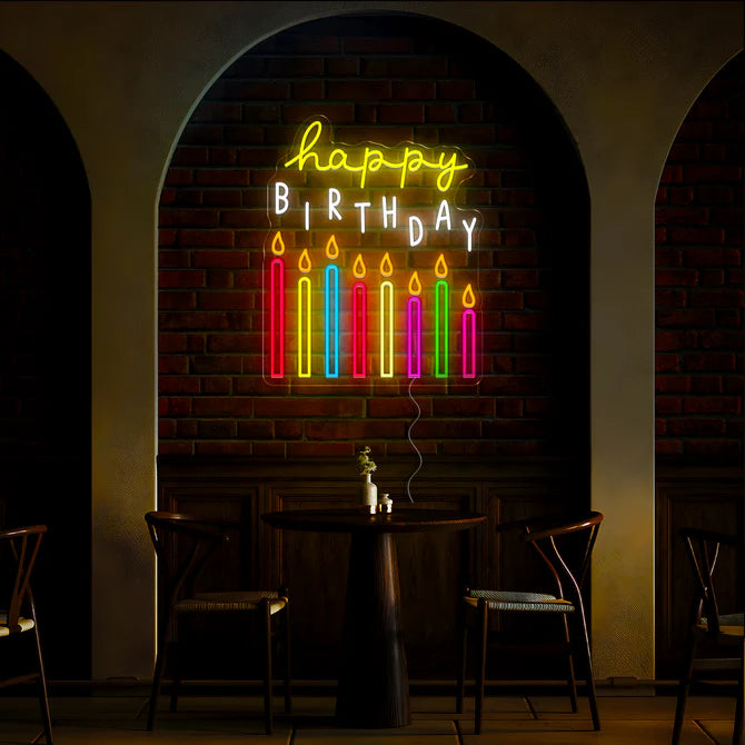 Happy Birthday Neon Sign – Radiant Multi-Colored Candles with Flickering Flames for Festive Celebrations