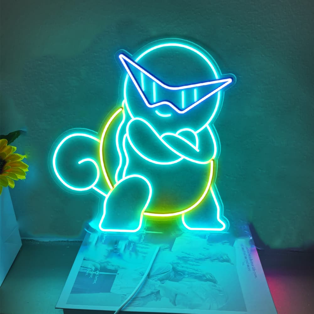 Whimsical Squirtle Neon Sign – Bright Blue & Yellow Pokémon Wall Light for Gaming Rooms and Kids' Spaces