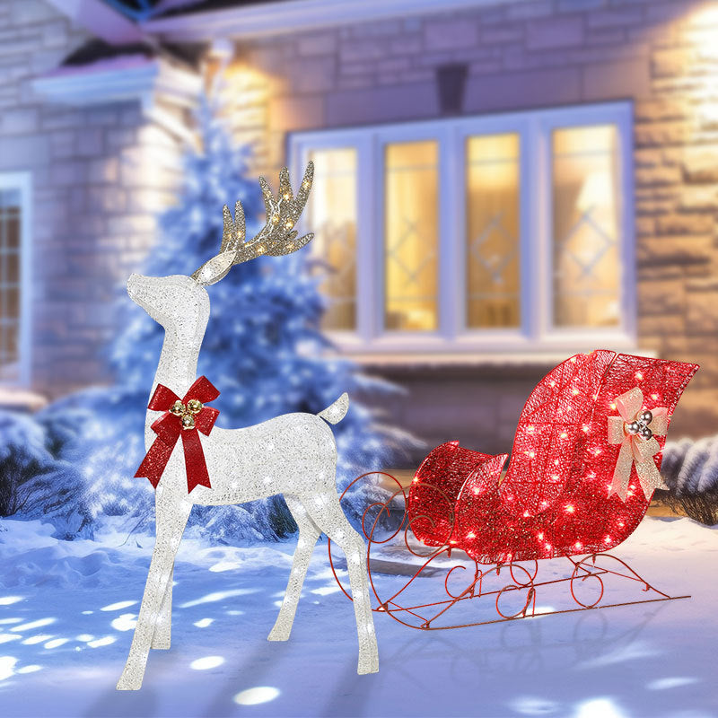 Lighted Christmas Reindeer & Sleigh Outdoor Decor Set  LED Lights