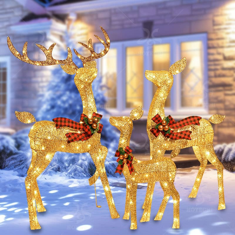 Lighted Christmas Decoration Reindeer Family - Light up Reindeer 3 Set with 210 Lights - Outdoor Yard Decoration Kit Including 3-Piece Deer, Stakes, and Extension Cord