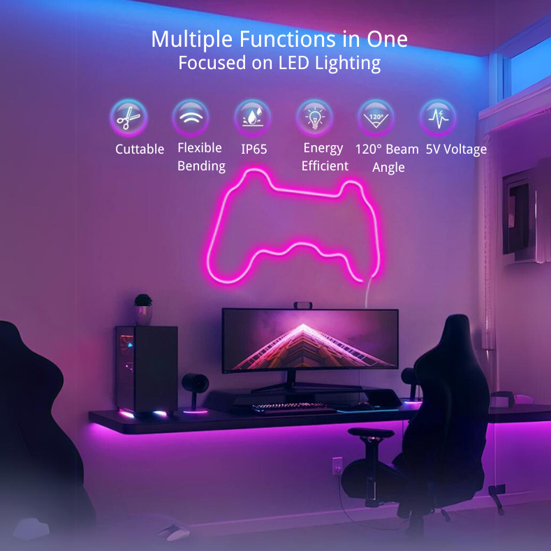 RGBIC 5V Bluetooth Music Dynamic Neon Light Strip - 2m, 3m, 5m DIY Shape Customization, Perfect for Gaming Room Decor