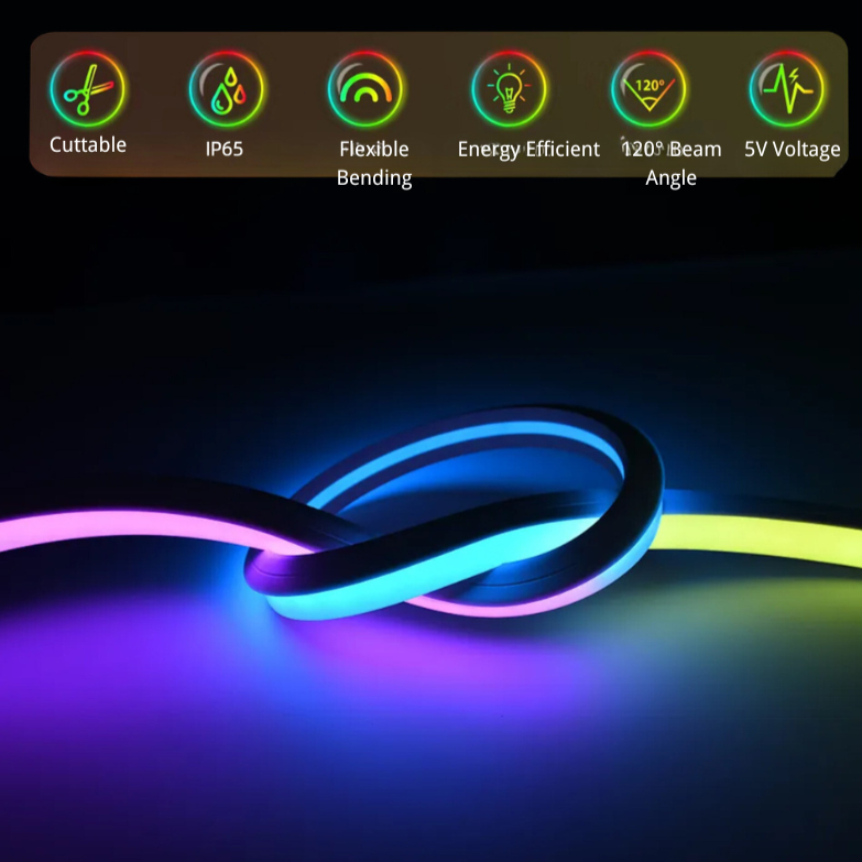 RGBIC 5V Bluetooth Music Dynamic Neon Light Strip - 2m, 3m, 5m DIY Shape Customization, Perfect for Gaming Room Decor