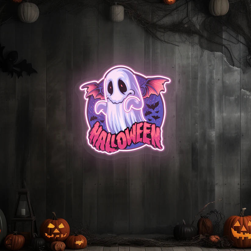 Ghostly Halloween Neon Sign – Fun and Spooky LED Decor with Friendly Ghost, Bats, and Eerie Elements