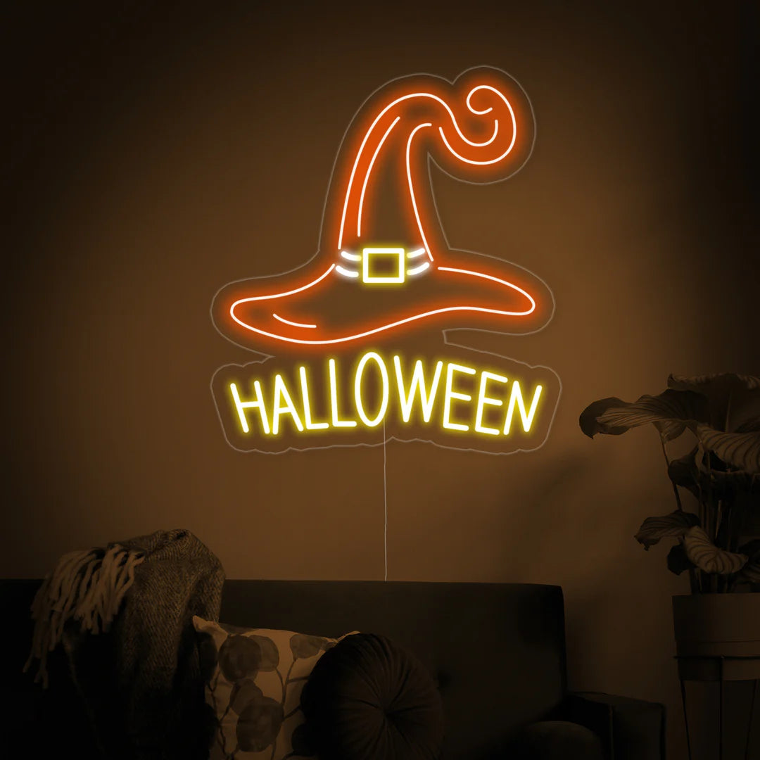 HALLOWEEN Neon Sign Spooky Witch Hat Design Festive Glow and Durable Construction for Enchanting Seasonal Decor