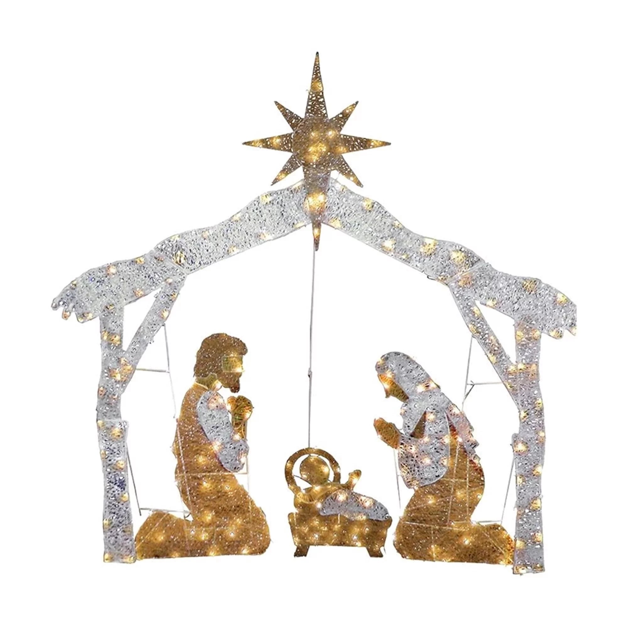 Christmas Holy Family Yard Decoration, Includes Pre-Strung Mini White LED Lights and Ground Stakes