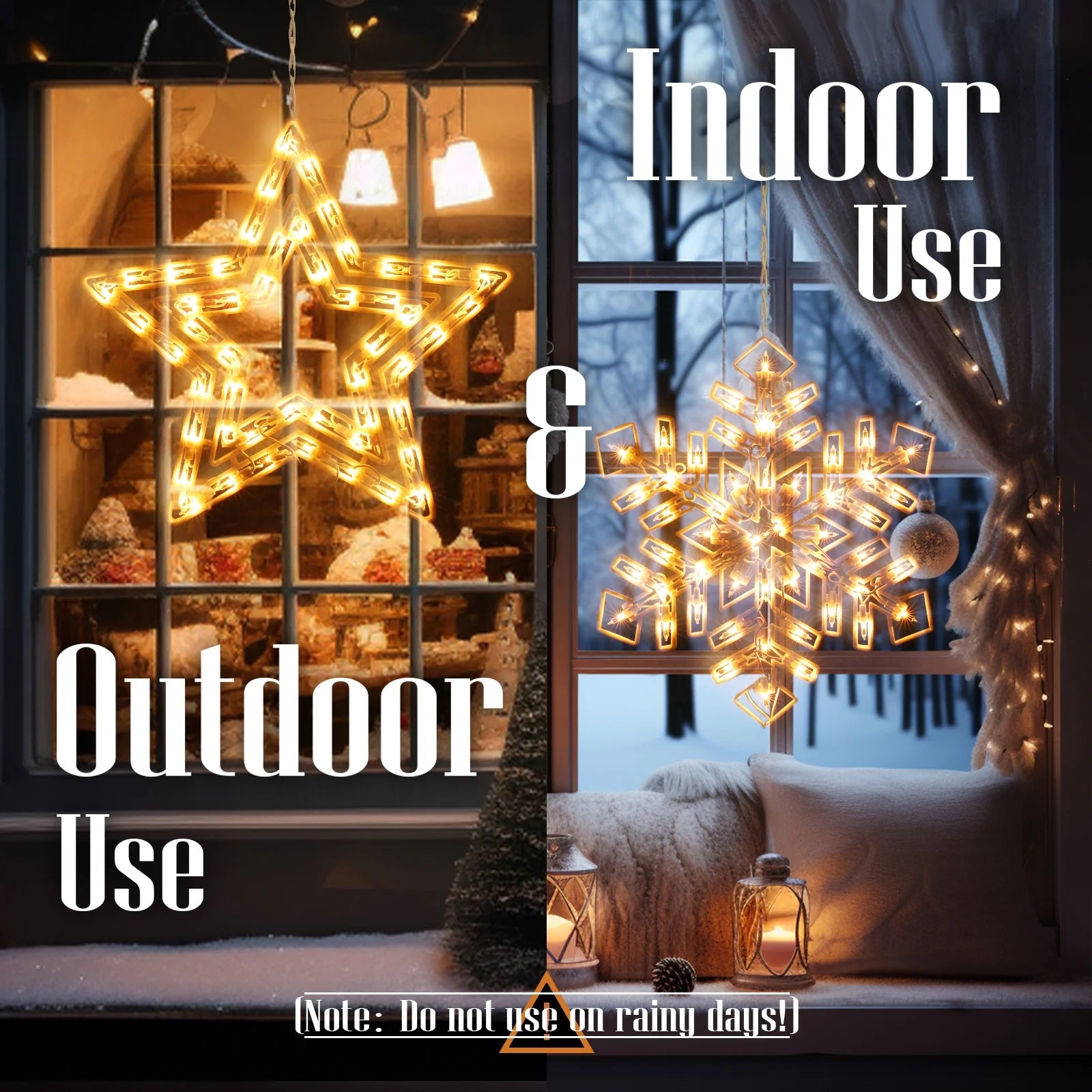 Quntis Christmas Window Hanging Lights Decorations, 15 Inch Lighted Xmas Star & Snowflake Silhouette Lights with 100 Mini Bulbs &4 Hooks, Light up for Indoor Inside Window Wall Holiday