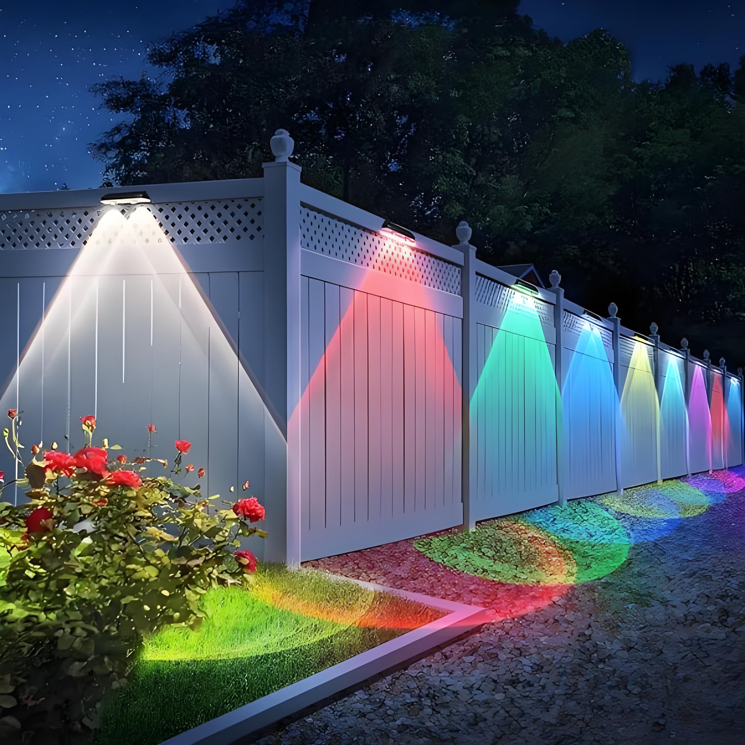 Solar Fence Lights Outdoor, Warm White & RGB LED Lights, Waterproof Solar Deck & Railing Lights for Patio, Stairs, Yard, and Backyard