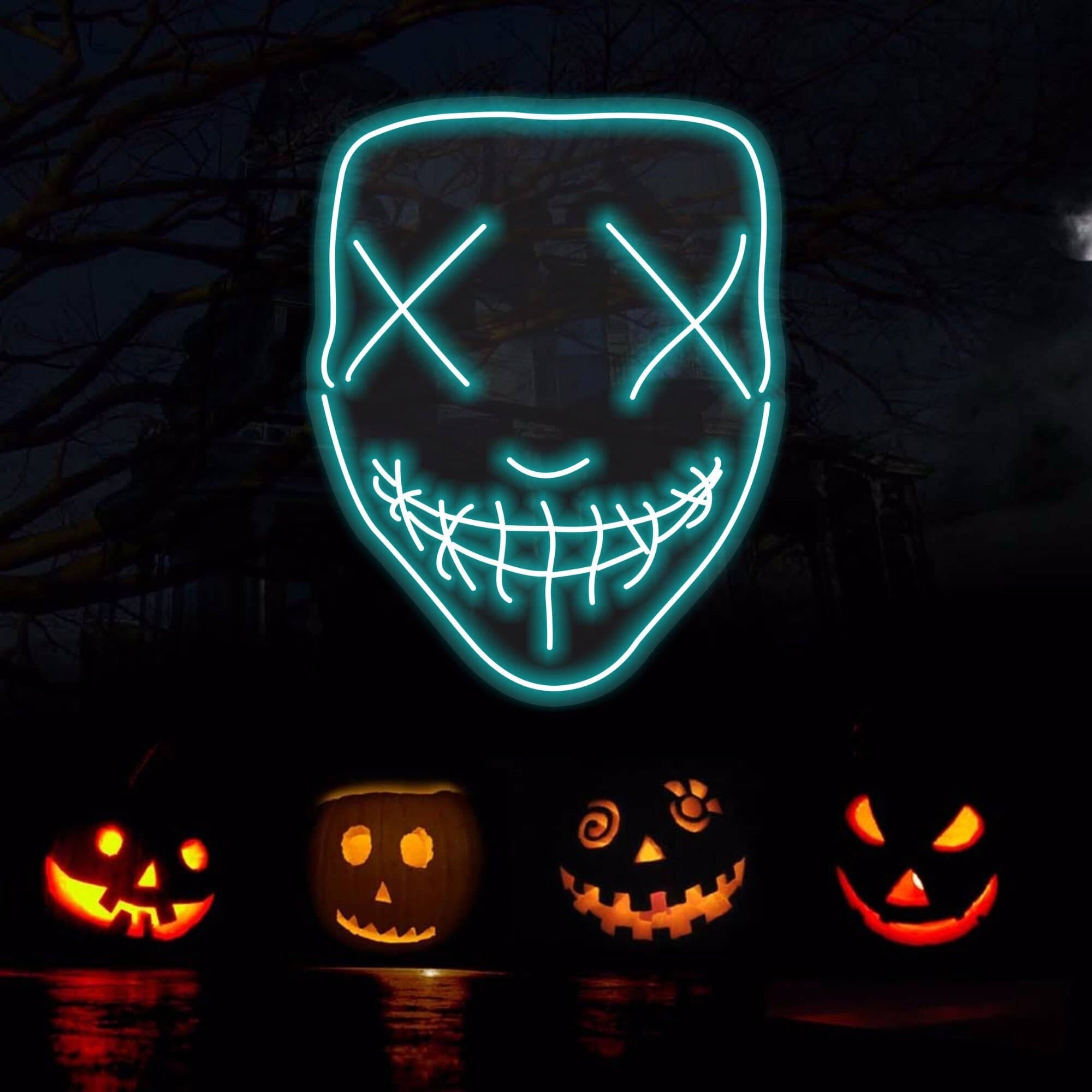 Chilling Grinning Mask Neon Sign - Eerie Teal Glow, Horror-Themed LED Light for Halloween Decor, Bars, Haunted Houses, and Unique Home Accents