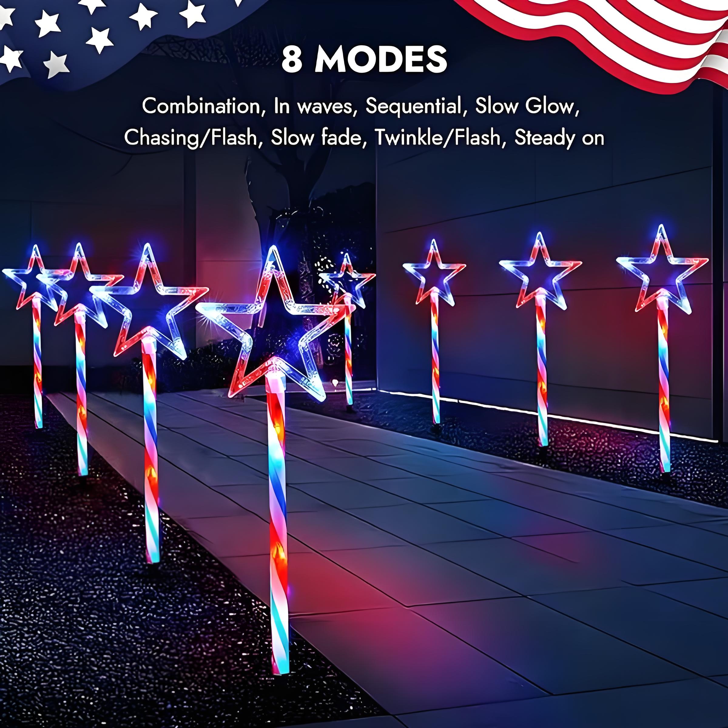 4-Pack Patriotic Solar Pathway Lights – Red, White & Blue Star Outdoor Decorations with Waterproof Stakes, 8 Lighting Modes for 4th of July & Christmas