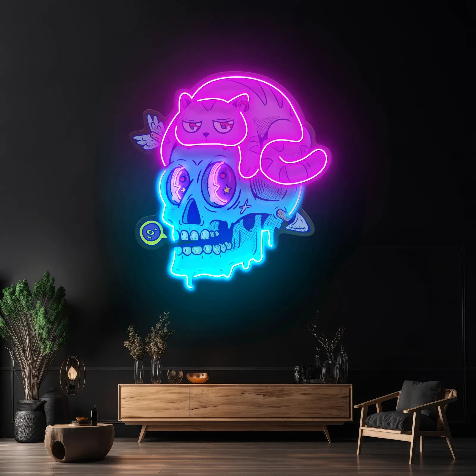 Lounging Cat with Dripping Skull Neon Sign – Bold, Quirky Decor with Vibrant Pink and Blue LED Glow