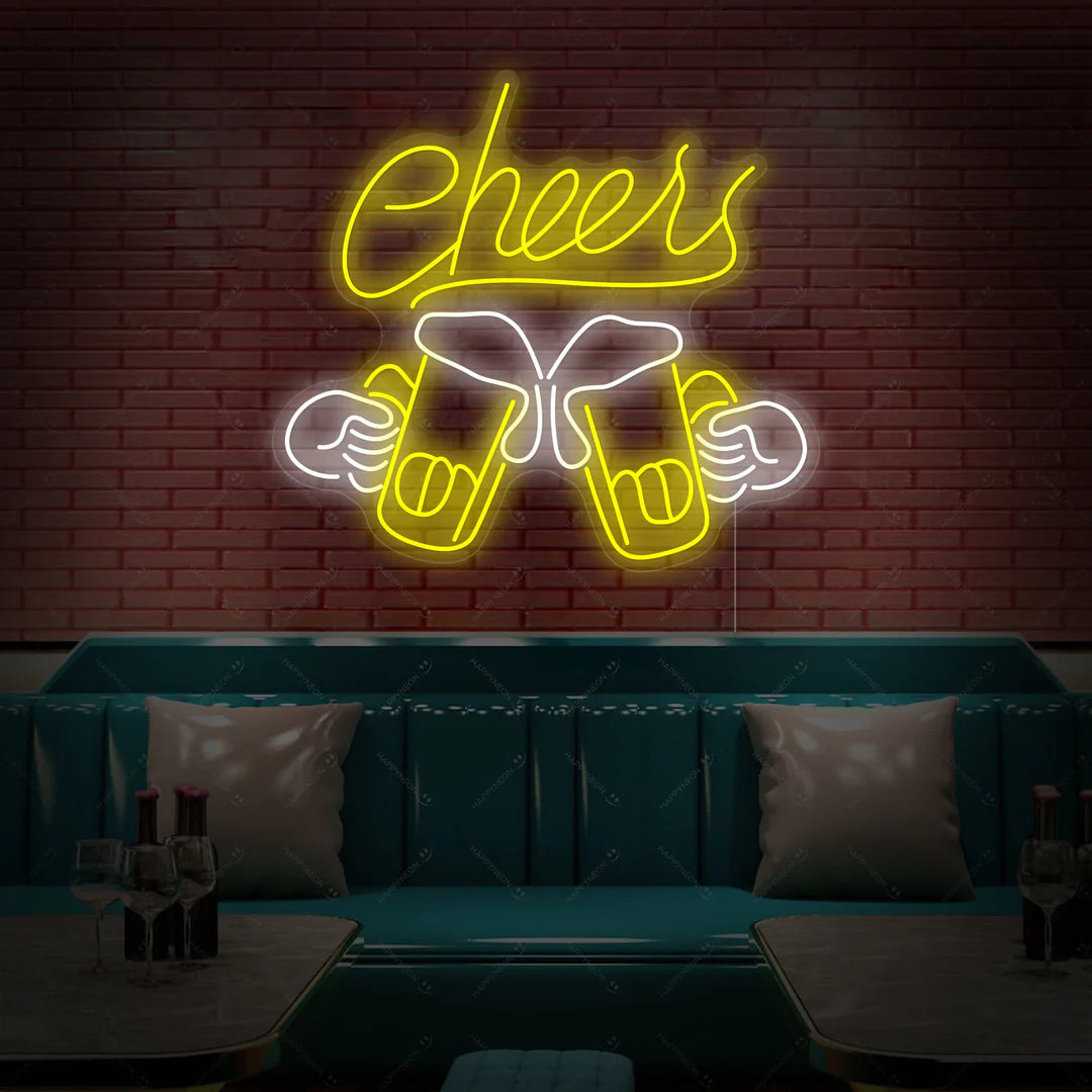 Cheers Neon Sign,Joyful Celebration with Clinking Beer Mugs, Warm Illumination, and Durable Construction for Lively Spaces