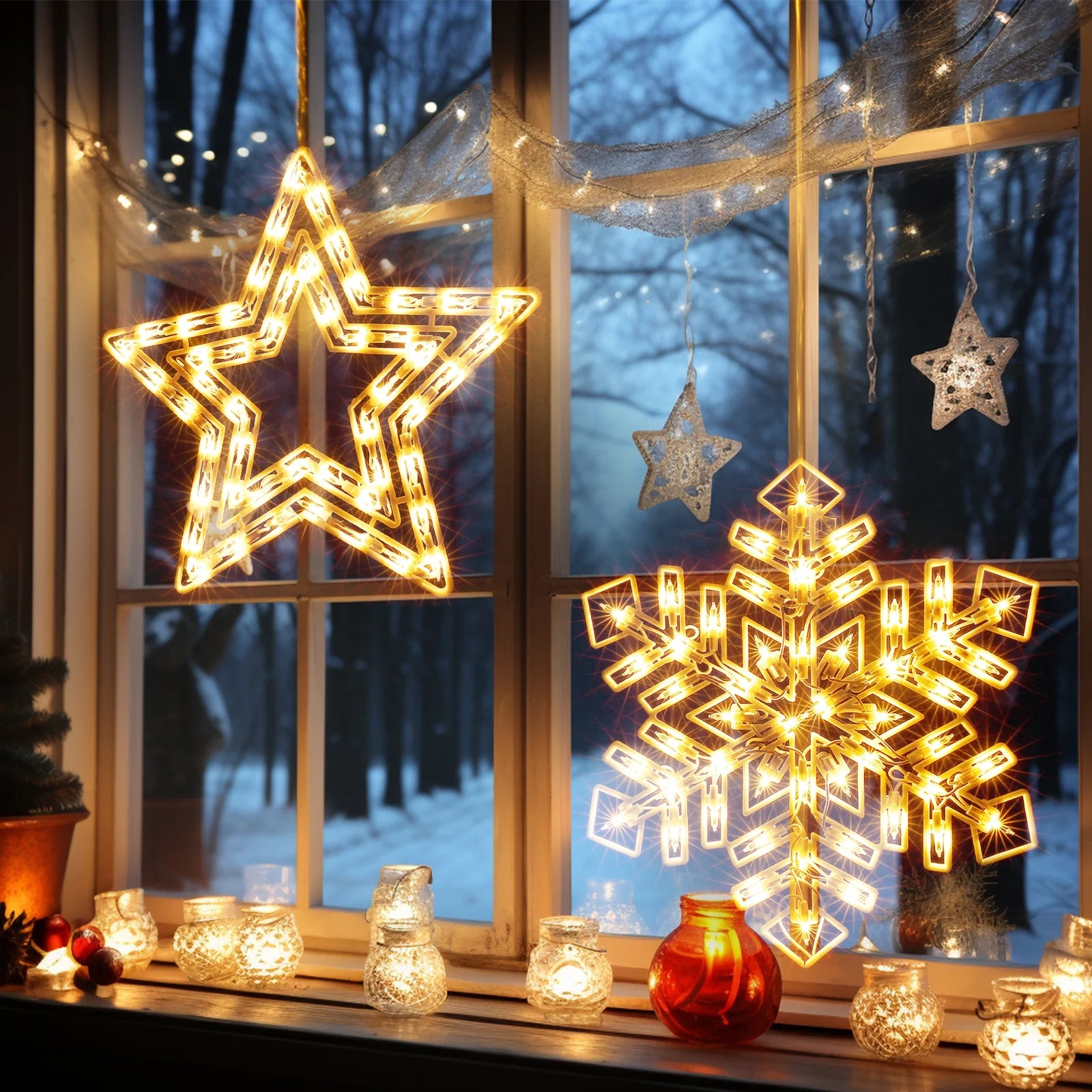 Quntis Luci Natalizie da Appendere alla Finestra – Stella e Fiocco di Neve Illuminati da 15 Pollici con 100 Mini Lampadine, Include 4 Ganci per Decorazioni Natalizie Indoor