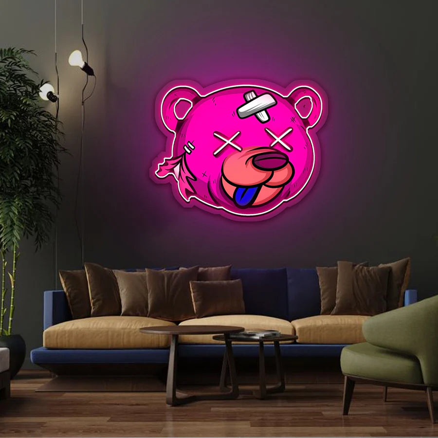 Cartoon Bear Neon Sign Quirky Design in Bright Pink for Game Rooms Studios Man Caves Entertainment Areas